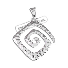 Sterling Silver Pendant - Hammered Greek Key Motif (46mm)