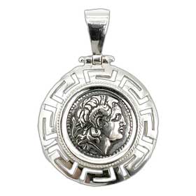 Sterling Silver Pendant - Ancient Tetradrachm Silver Coin with Greek Key (32mm)
