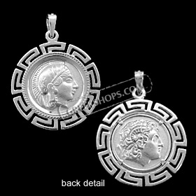 Platinum Plated Sterling Silver Pendant - Athena and Alexander with Greek Key (25mm)