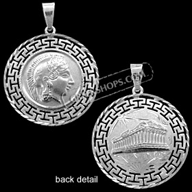 Platinum Plated Sterling Silver Pendant - Athena and Parthenon with Greek Key (34mm)