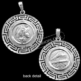 Platinum Plated Sterling Silver Pendant - Athena and Parthenon with Greek Key (26mm)