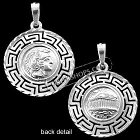 Platinum Plated Sterling Silver Pendant - Athena and Parthenon with Greek Key (17mm)