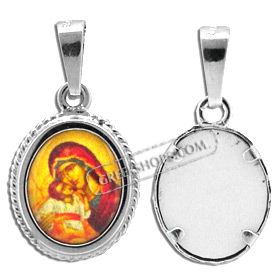 Platinum Plated Sterling Silver Pendant - Virgin Mary w/ Rope Border (14mm)