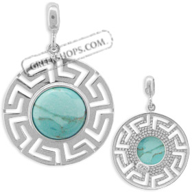 Sterling Silver Pendant - Turquoise Stone with Greek Key Motif (23mm)