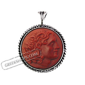 Sterling Silver Pendant - Red Ceramic Alexander the Great Embossed Head (28mm)