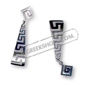 Sterling Silver Earrings - Triangle Greek Key Motif Dangle (35mm)