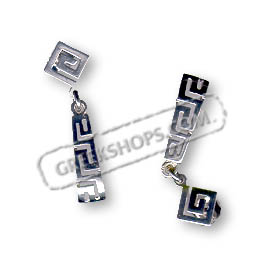 Sterling Silver Platinum Plated Earrings - Triangle Greek Key Motif Dangle (30mm)