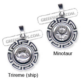 Sterling Silver Pendant - Two-Sided Circular (Trireme or Minotaur), Owl on Back (2.5 cm)