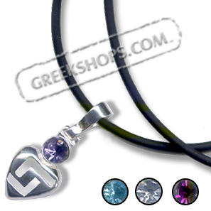 Sterling Silver Greek Key Heart Pendant Necklace with Gemstone