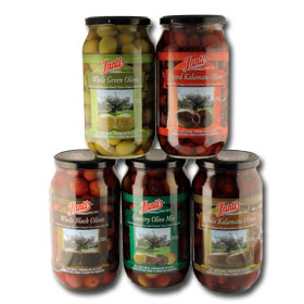 Greek Olives Collection, Kalamata, Black, and Green Olives, 5 x 1Liter jars