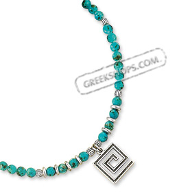 Archaic Earth Stone Necklace - Turquoise with Greek Key Motif Pendant