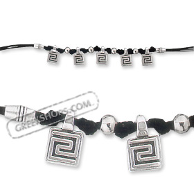 Archaic Knotted Necklace - Black Cord with Greek Key Motif Pendants
