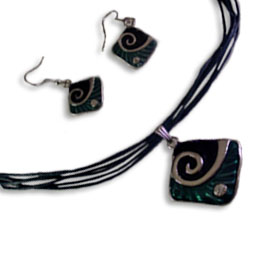 Aegean Wave Enamel Pendant w/matching cord and matching earrings  - Green KEN145