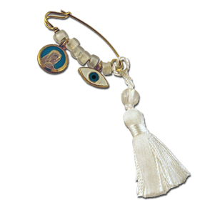 Gold plated Sterling Silver Baby Boy Safety Pin w/ Virgin Mary and Evil Eye Charms