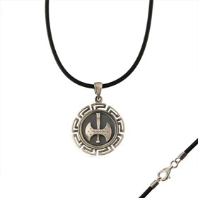 Sterling Silver Circular Pendant w/ Rubber Cord - Minoan Double Axe (31mm)