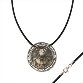 Sterling Silver Circular Pendant w/ Rubber Cord - Minotaur (32mm)