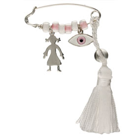 Sterling Silver Baby Girl Safety Pin w/ Girl and Evil Eye Charms