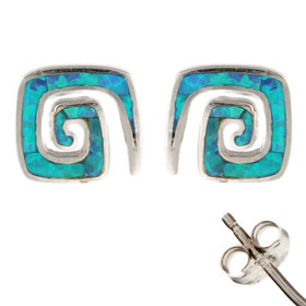 The Neptune Collection - Sterling Silver Earrings - Greek Key Square and Opal (9mm)