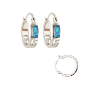 The Neptune Collection - Sterling Silver Hoop Earrings - Greek Key and Opal (16mm)
