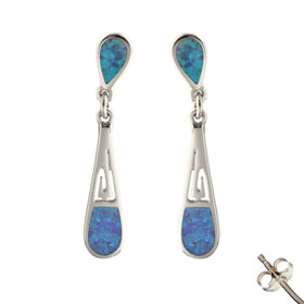 The Neptune Collection - Sterling Silver Earrings - Teardrop w/ Greek Key and Opal (36mm)