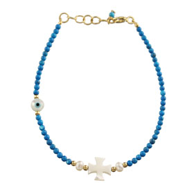 The Nefeli Collection - Blue Coral Bracelet with Mother of Pearl Cross and Evil Eye (2mm beads)