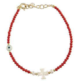 The Nefeli Collection - Red Coral Bracelet with Mother of Pearl Cross and Evil Eye (2mm beads)