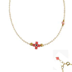 The Nefeli Collection - Children's Mother of Pearl Necklace with Pink Evil Eye Cross (2mm beads)