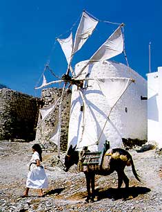 Carpathos Windmill - Woman with Donkey