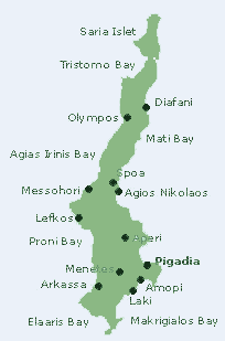 Karpathos Map>From the ruined Byzantine church of Holy Wisdom (5th 
						century) exceptional mosaic floors have been removed (now�adays 
						in the Rhodes Museum). The villages to the north of 
						Pigadia are of especial interest since many of the 
						houses are authentic examples of vernacular 
						architecture. Those below Volada are known as the Kato 
						Choria (lower villages), while those north of Mesochori 
						are called Pano Choria (upper villages). The most 
						notable of the Kato Choria is Aperi, the island's 
						administrative centre from the early 18th century until 
						1892. The castle built here was to protect the populace 
						from piratical raids. Volada (10 km. northwest of 
						Carpathos) has many old Carpathian houses with their 
						original interior decoration, Othos (13 km.) has a local 
						museum of folk art and domestic utensils in one of its 
						old houses and Pyles (13 km.) is worth a visit. At Mesochori (31 km. northwest of Carpathos) one can visit 
						a genuine Carpathian house with its characteristic 
						wood-carved decoration and pebble mosaic floor. At both 
						Mesochori and Spoa (northeast) there are ruins of 
						medieval towers. Without doubt the most fascinating 
						village on Carpathos is Olymbos (Elymbos). It was 
						founded some time between the 10th and 15th century by 
						shepherds and inhabitants from Vrykounta at the 
						northernmost tip of the island which had been destroyed 
						by earthquakes. Olymbos is situated in a rather 
						inaccessible region and was originally girt by a 
						defensive wall of which some remnants survive. Nothing 
						remains of the tower (Pyrgos) which once stood at the 
						very top of the village. The villagers lived both inside 
						and outside the castle. In the center of the village is 
						the large church of the Virgin, while other notable 
						churches are that of St. Onouphrios and of the Holy 
						Trinity. With its old houses, typical vernacular 
						architecture and richly adorned house interiors, Olymbos 
						is a living museum. 
						<img border=